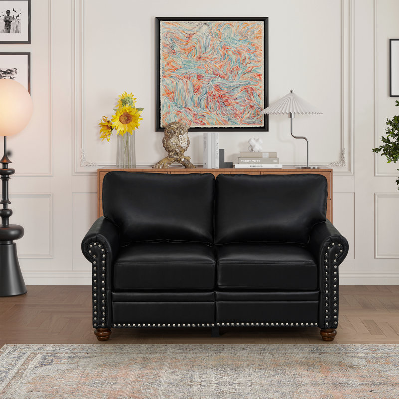 PU Leather Living Room Sofa with Storage，Nails Headtrim Decor, 34.5" H x 59.45" W x 31.89" D, Black
