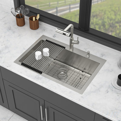 33-Inch Drop-in Kitchen Sink with Pull-out Faucet and Soap Dispenser, 16 Gauge Stainless Steel Single Bowl Topmount Basin