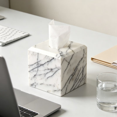Luxury Natural Marble Square Tissue Box Cover with Unique Veining Patterns, Elegant Decorative Tissue Holder for Bathroom, Kitchen, and Bedroom Vanity, Soft Lilac Finish