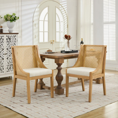 Rattan Dining Chairs with Solid Wood Frame, Decorative Armrests, and Linen Upholstered Seat, Rustic Style for Multiple Rooms by Bay Isle Home