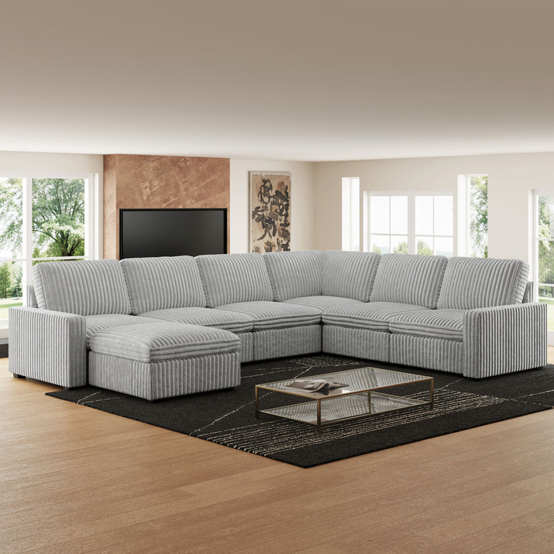 U-Shaped Stoarge Sofa Convertible Oversized Livingroom Couch, Gray Corduroy