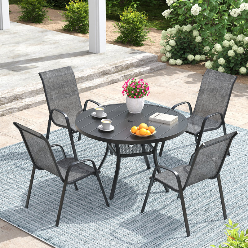 Ensemble de salle à manger de patio 4 personnes avec chaises empilables, H 28,3 po x l 41,7 po x P 41,7 po, Noir/gris, 4