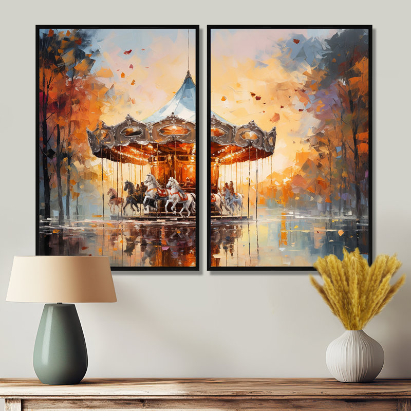 Carousel in Sunset Charm - art mural sur toile beige, H 36 po x l 48 po, Reproduction encadrée sans passe-partout, Noir