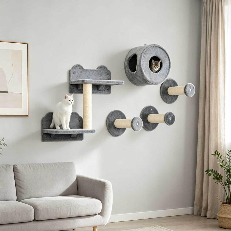 5‑Piece Wall‑Mounted Cat Furniture Set with Perch, Cat House & Sisal Scratching Post, Grey