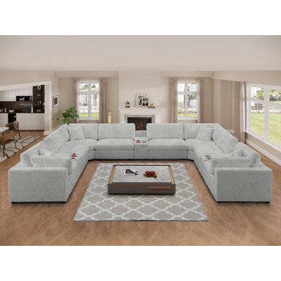 Canapé modulaire surdimensionné rembourré à 8 places avec 3 consoles multifonctionnelles, rangement et ports USB et porte-gobelets