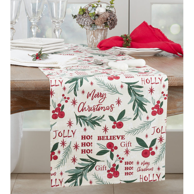 Holly Jolly 100% Cotton Christmas Table Runner, 14" W x 72" L