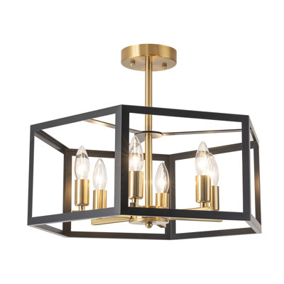 6-Light Industrial Lantern Semi Flush Mount Ceiling Light Candle Style Gold And Black Finish Geometric Cage Dining Light