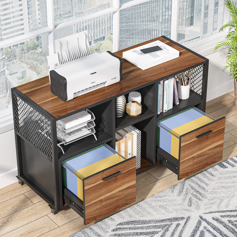 Jatarius 43.31" W Manufactured Wood and Metal 2-Drawer Mobile Lateral File Cabinet , Brown/Black