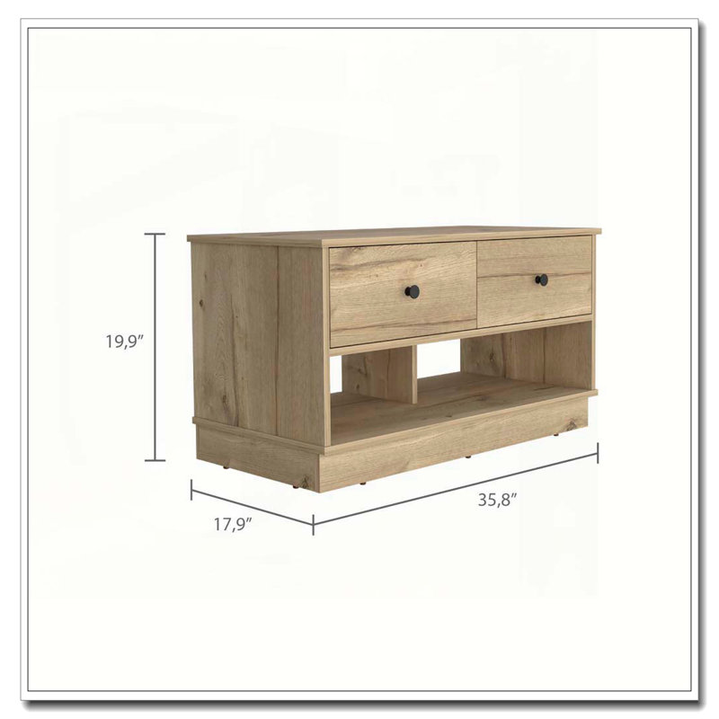 Light Oak Rectangle 2-Shelf 2-Drawer Storage Bench, Light Oak