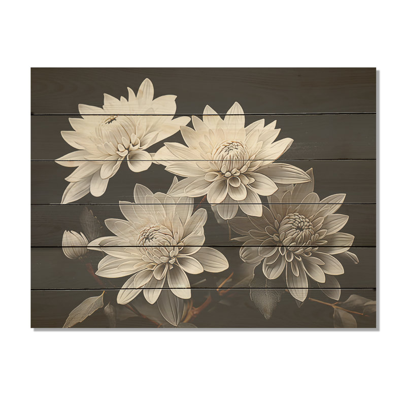 White Mums Bouquet Still Life - Mums Wood Art On Natural Pine Wood, 30" H x 40" W