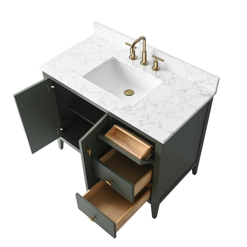 Laval 42" Single Sink Freestanding Bathroom Vanity with Engineered Marble Top, Golden Brushed, Linear Vintage Green