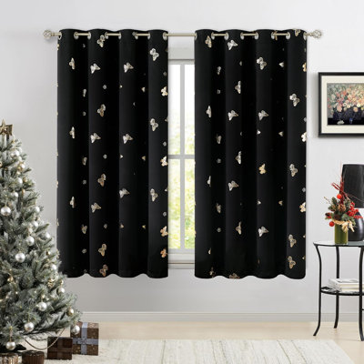 Rideaux occultants noirs à motif de papillons dorés 52" x 54"