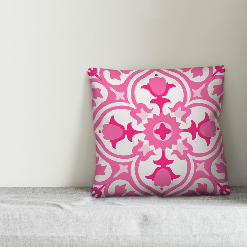  Coussin d'extérieur carré espagnol, Rose foncé / rose clair / blanc cassé, 20 po x 20 po, Polyester / Bourre en polyester