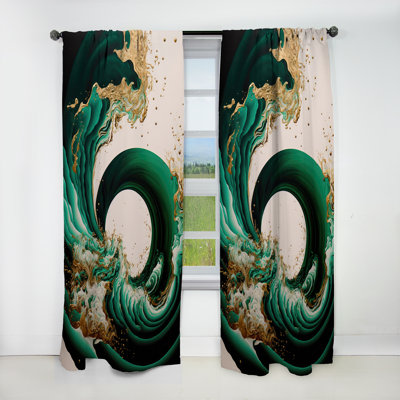 Emerald Green And Gold Abstract Waves IV - Abstract Blackout Curtain - 1 Panel