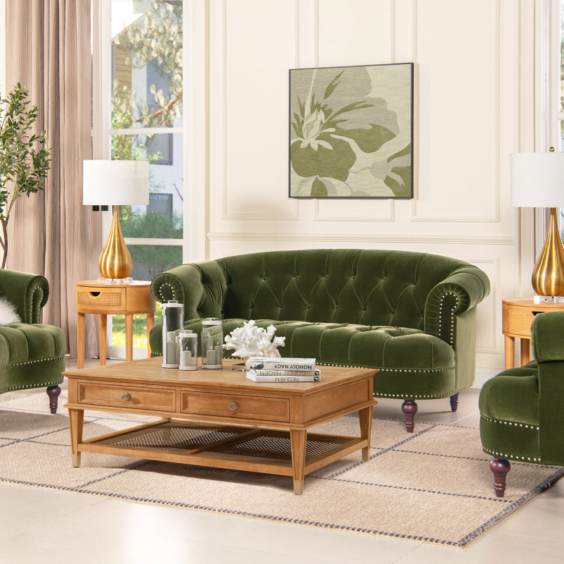 Joannes Velvet Rolled Arm Chesterfield, 32" H x 68.5" W x 38" D, Olive Green