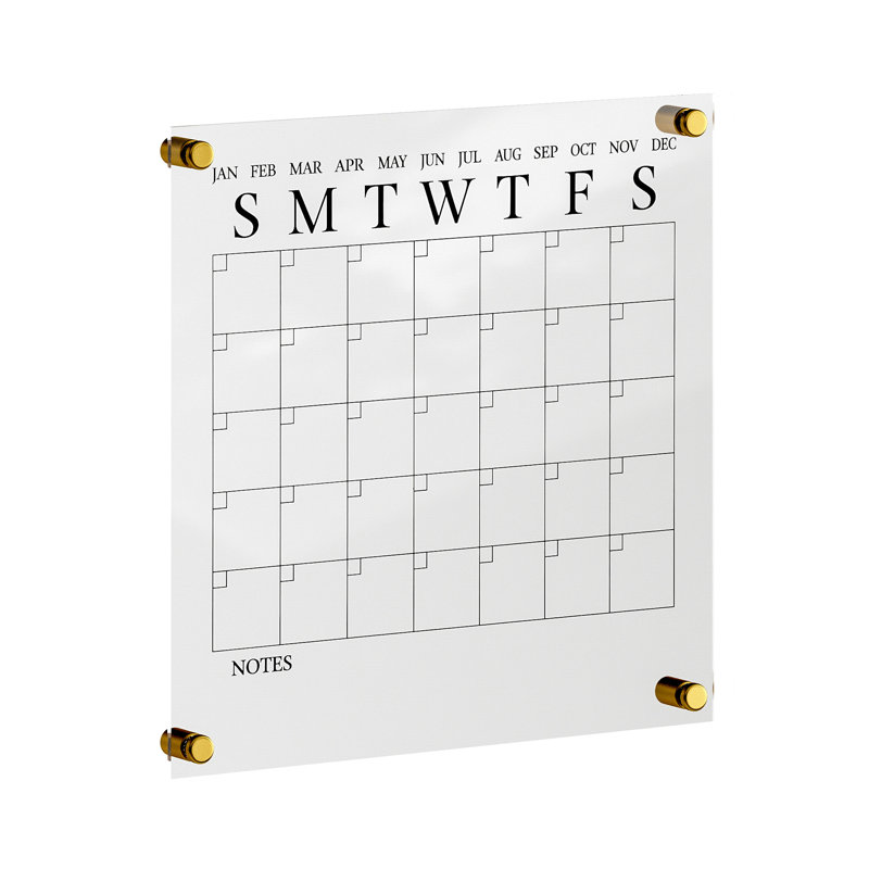 Clear Acrylic Monthly Wall Calendar with Black Print and Dry Erase Marker
