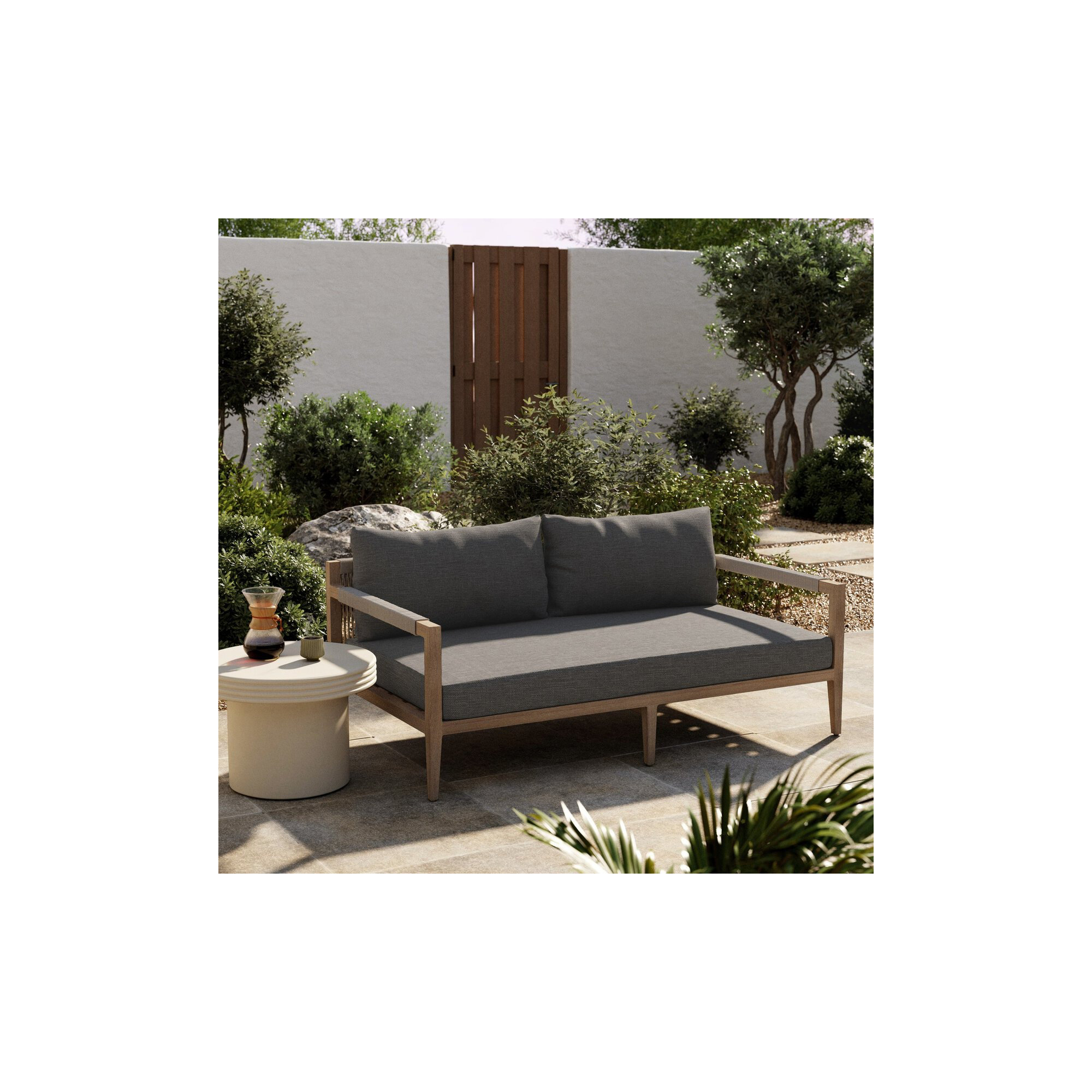 Kristine 63'' Wide Loveseat with Cushions, Washed Brown, Gray Cushion/Brown/Gray Frame