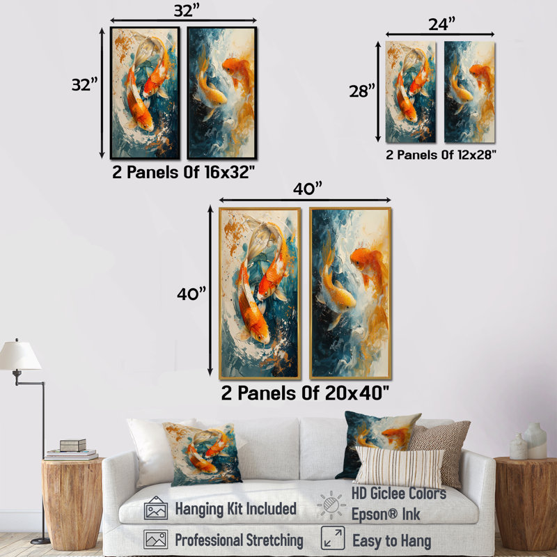 Orange, vert, passionné, poissons, koi, poisson, art mural 2 pièces, H 28 po x l 24 po, Impression encadrée, Érable
