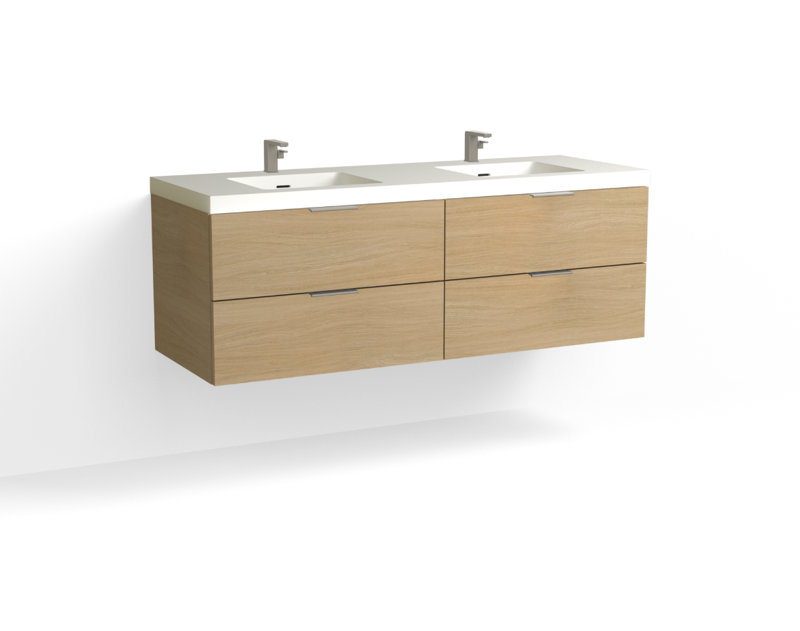 Avila 60" W Wall Mounted Double Bathroom Vanity, Glossy White/Single, Nocino, Satin Nickel