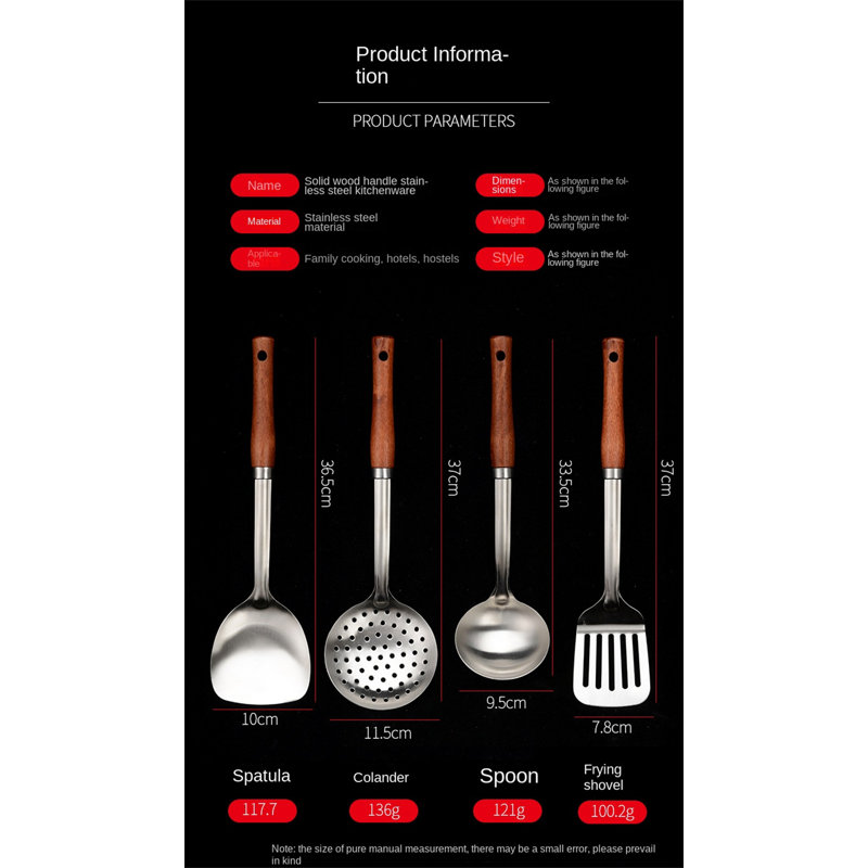Ensemble d'ustensiles 4 pièces en acier inoxydable 304 - Spatules de cuisine, cuillères et louche pour batterie de cuisine antiadhésive