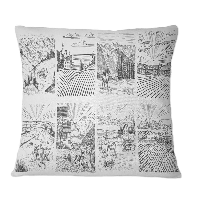 Un paysage de village avec des vaches, des chèvres et de l'agneau - Coussin décoratif traditionnel, 16 po x 16 po