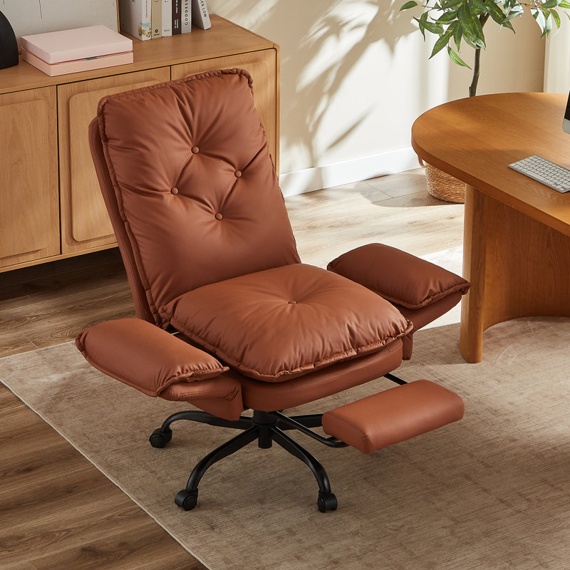 Cross Legged Home Office Chair with Footrest and Reversible Armrests for PU Leather, Brown, Black