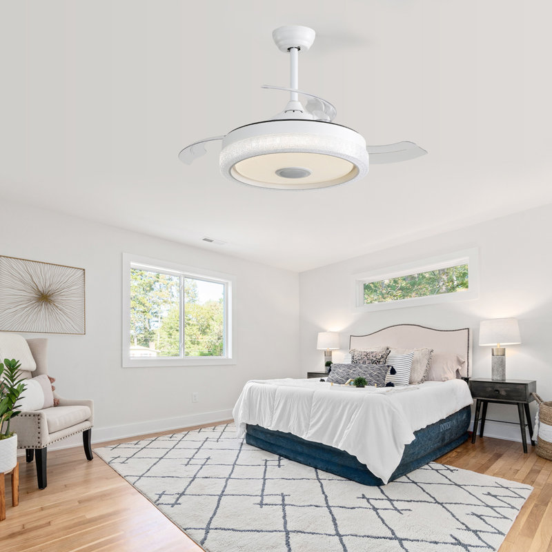 42 Inch Modern Invisible Ceiling Fan, 120V 3 ABS Blades Remote Control Reversible DC Motor With 32W Led Light