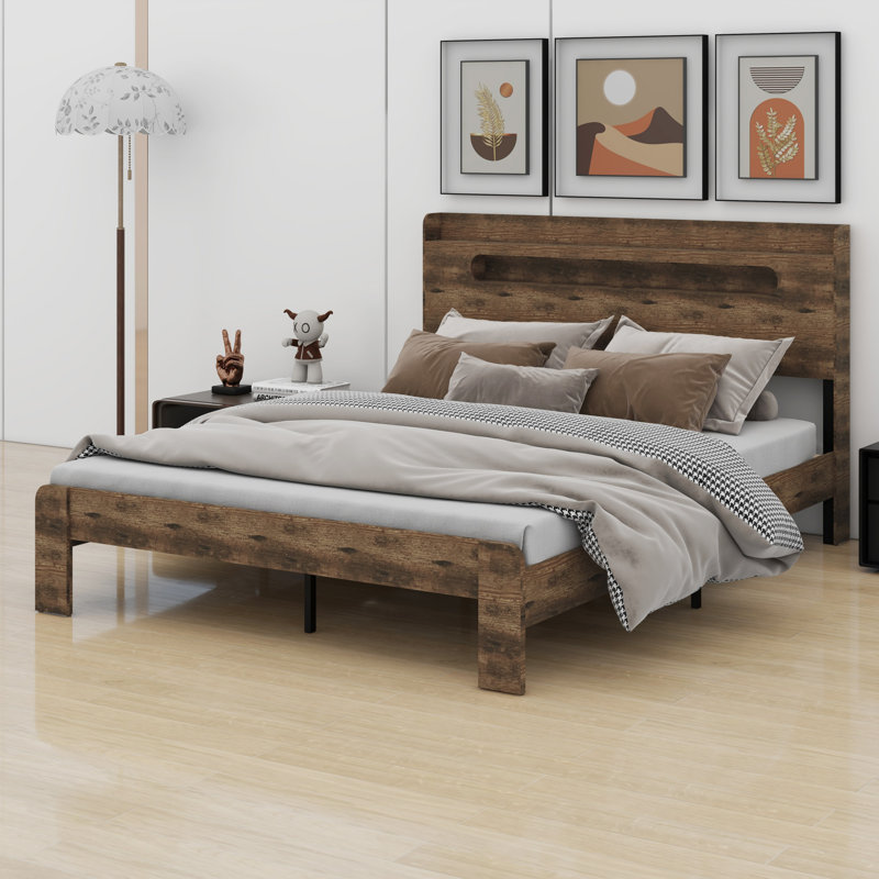 Structure de lit plateforme en bois avec tête de lit à DEL et USB, Grand