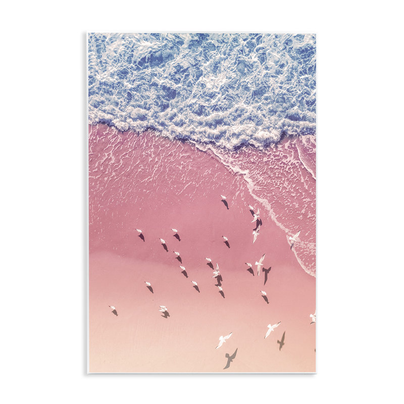Art mural sur une plage, "Seagulls Pink Beach" par Nataly White, H 19 po x l 13 po