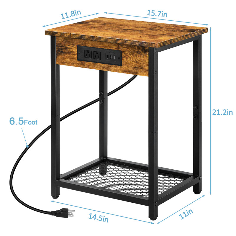 Fika End Table Set and Built-In Outlets, Brown/Black