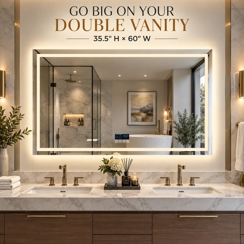 Miroir de salle de bain DEL grand format 35,5 po x 60 po pour double lavabo, haut-parleur Bluetooth, affichage intelligent de l'heure et de la date, antibuée, intensité lumineuse réglable en 3 couleurs