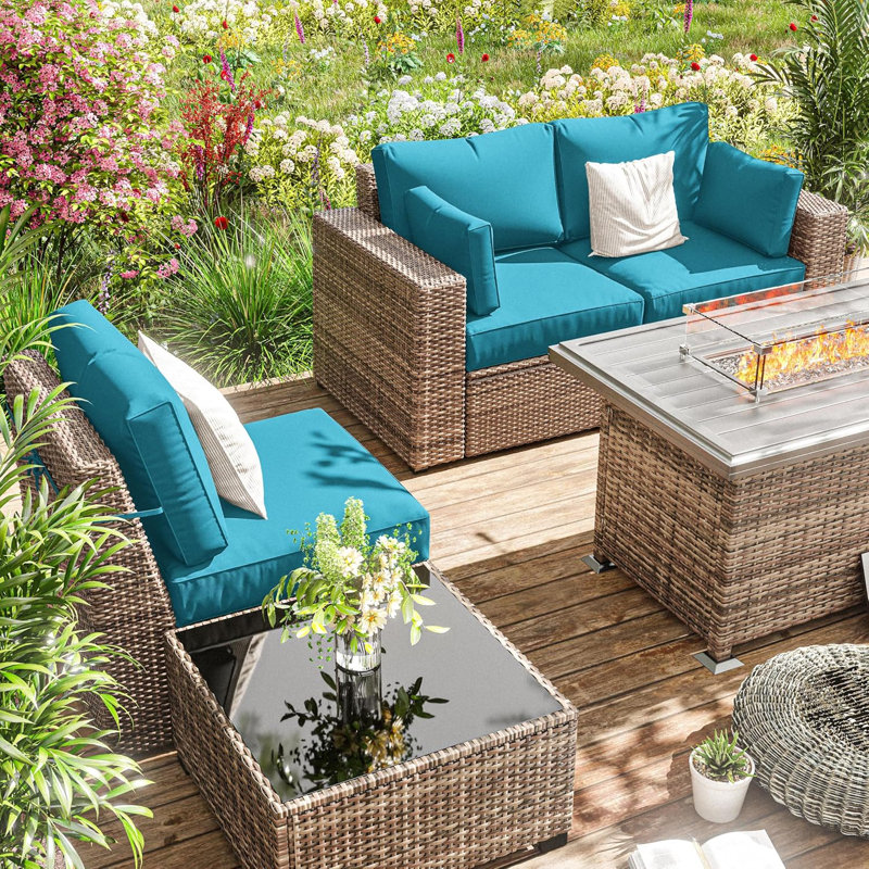 Outdoor 4" Thick Replacement Cushion Set Seat/Back Cushion (Set Of 3 Seats , 3 Backs , 2 Short Backs), Lake Blue