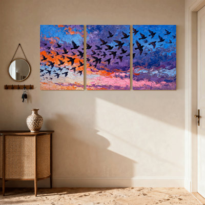 Birds Birds Flying In Colourful Sky Sunset Set of 3 Canvas Wall Art Prints