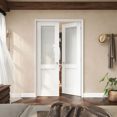 Porte française en verre givré 48 po x 80 po avec charnières argentées, porte en verre intimité avec cadre, porte intérieure française comme porte de garde-manger, porte de chambre à coucher, porte de buanderie, portes de placard, portes de chambre, loquet et levier de porte inclus