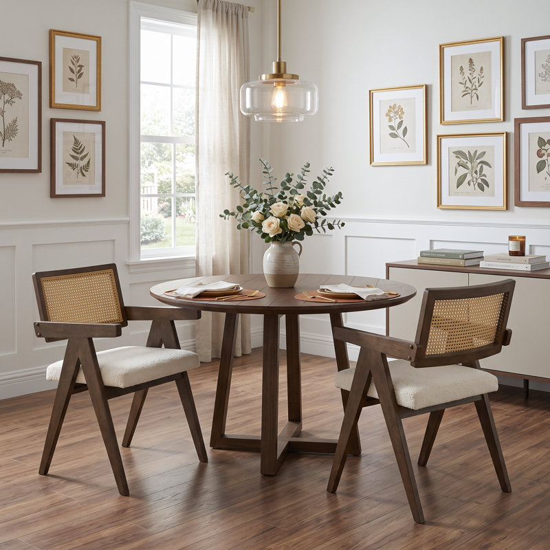 Upholstered Dining Chair with Woven Rattan Back, Walnut