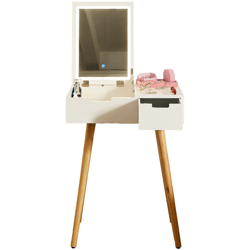 Petite table de meuble-lavabo avec lumières à DEL tricolores et compartiments de rangement, convenant à la chambre à coucher, au vestiaire, au bureau, au miroir à couvercle rabattable blanc 2 pièces