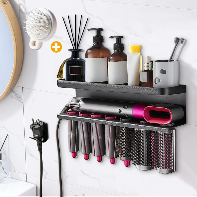 Support de rangement Airwrap compatible avec le fer à friser Dyson Airwrap, support mural pour organisation de la maison (avec peigne), noir