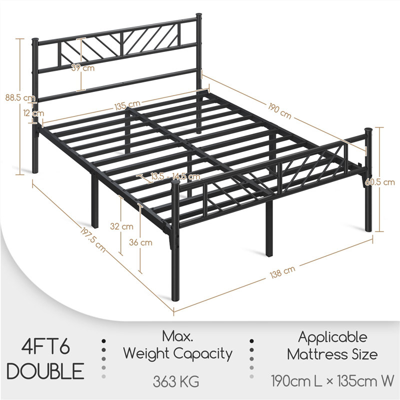 Minimalist Metal Slatted Bed Platform with Arrow Design Headboard, Double (4'6), Black
