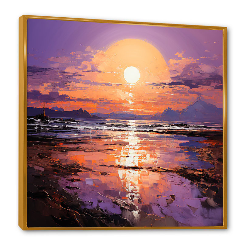 Jaune et mauve, océan, coucher de soleil, étreinte II, Cadre flottant doré, H 36 po x l 36 po x P 1,5 po