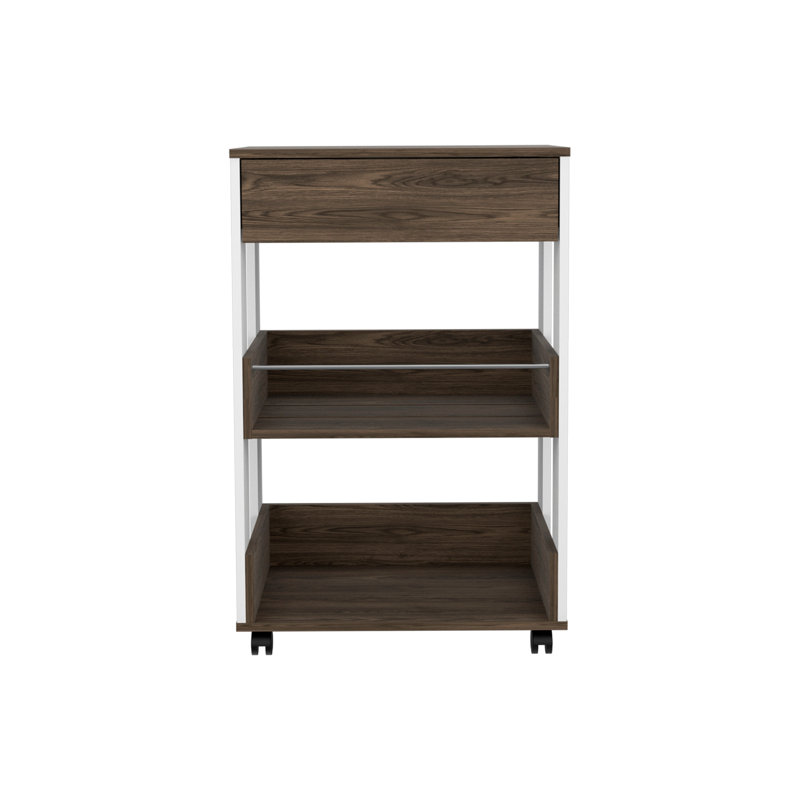 White And Dark Walnut 1-Drawer 2-Shelf Kitchen Cart With Caster