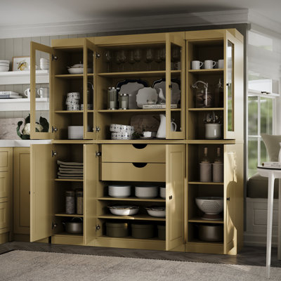 Armoire de cuisine haute 100% en bois massif avec portes en verre et 2 tiroirs, tablettes réglables, armoire de rangement modulaire de cuisine Pulcova, l 65 po x H 71,5 po