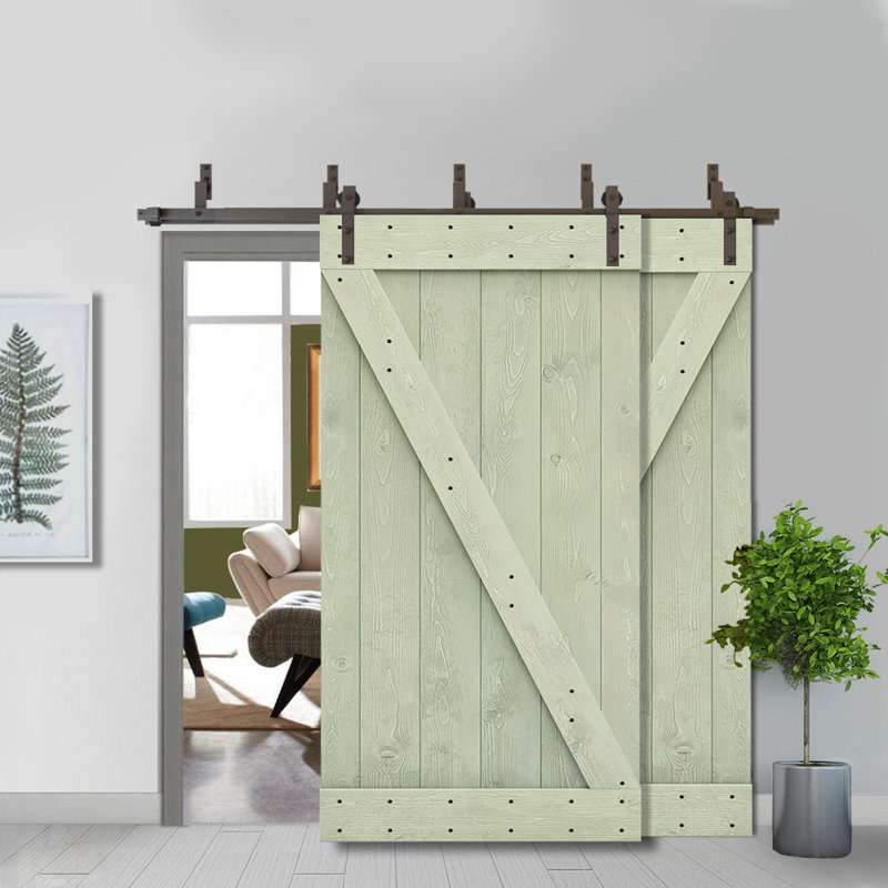 Porte de grange à panneaux et en bois avec quincaillerie d'installation, 40 po x 84 po, Vert sauge