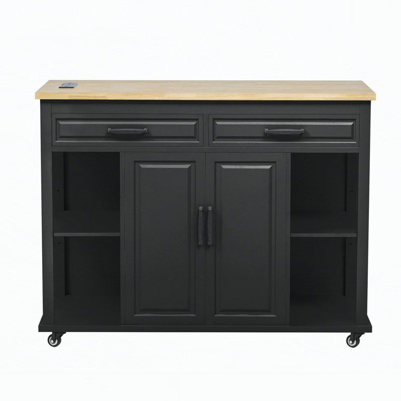 47 inch Kitchen Island with Extendable Dining Table, Rubber Wood Veneer Kitchen Table with Internal Storage Rack, Power Outlet, Kitchen island with Storage 2 Drawers 2 Cabinet