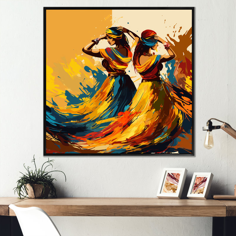 Art indien, punjabi bhangra - Art mural indien, Cadre flottant noir, H 16 po x l 16 po x P 1 po