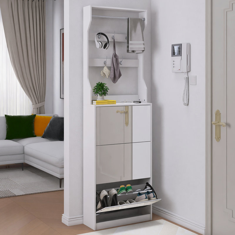 Tall Mirror Shoe Cabinet with 3 Flip-Drawers, Hooks & Hanging Rod - Space-Saving Entryway Storage