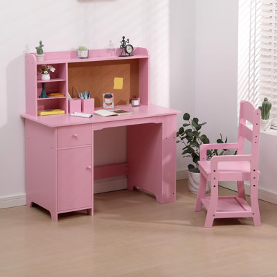 Bureau pour enfants, ensemble de bureau et chaise d'étude pour garçons et filles, table d'écriture en bois pour enfants avec bibliothèque, babillard, armoire et tiroir pour enfants de 3 à 8 ans, rose