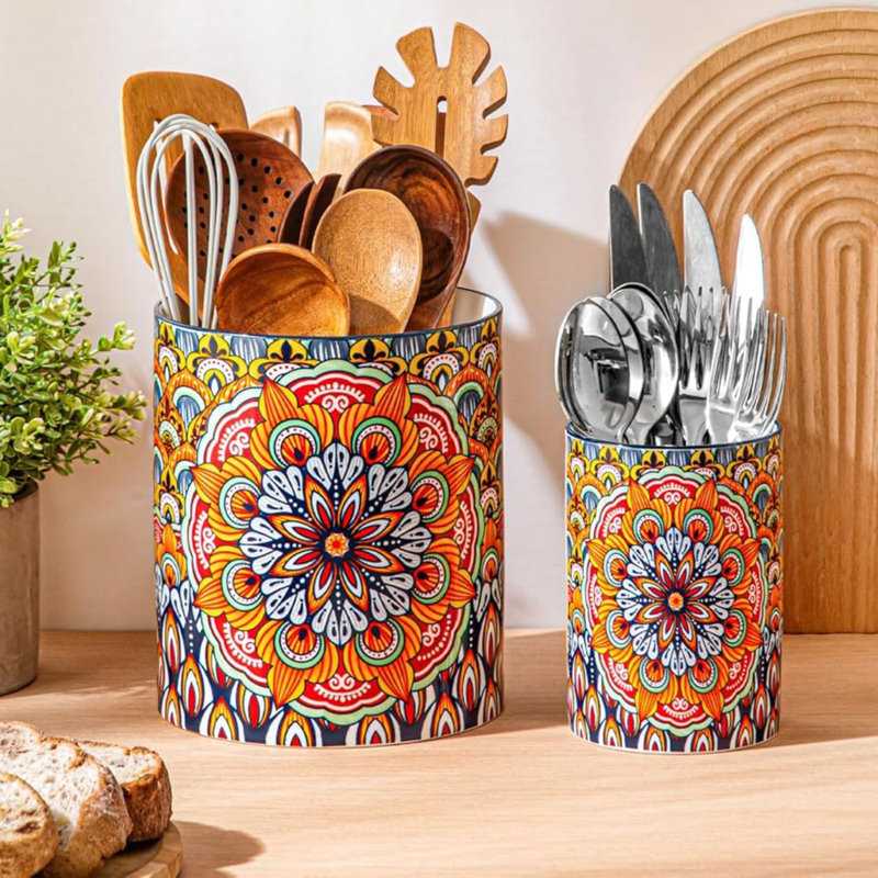 Bohemian Porcelain Kitchen Utensils Holder for Countertop, 2 Pack