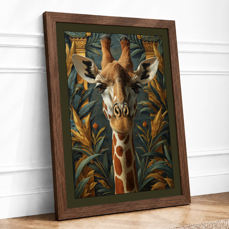 Giraffe With Golden Blooms Botanical - Print, Walnut, A1 - 84.1 x 59.4 cm