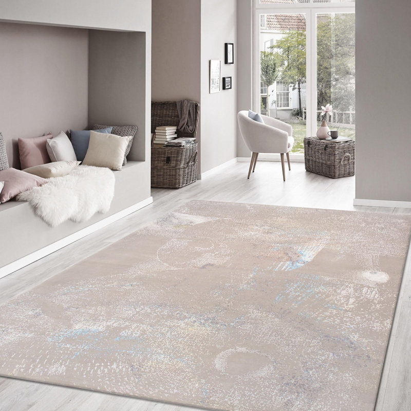 Tapis beige / bleu en laine / soie à motif abstrait Abstract