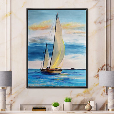Deux bateaux à voile avec un pêcheur sur la mer bleue - Peinture sur toile